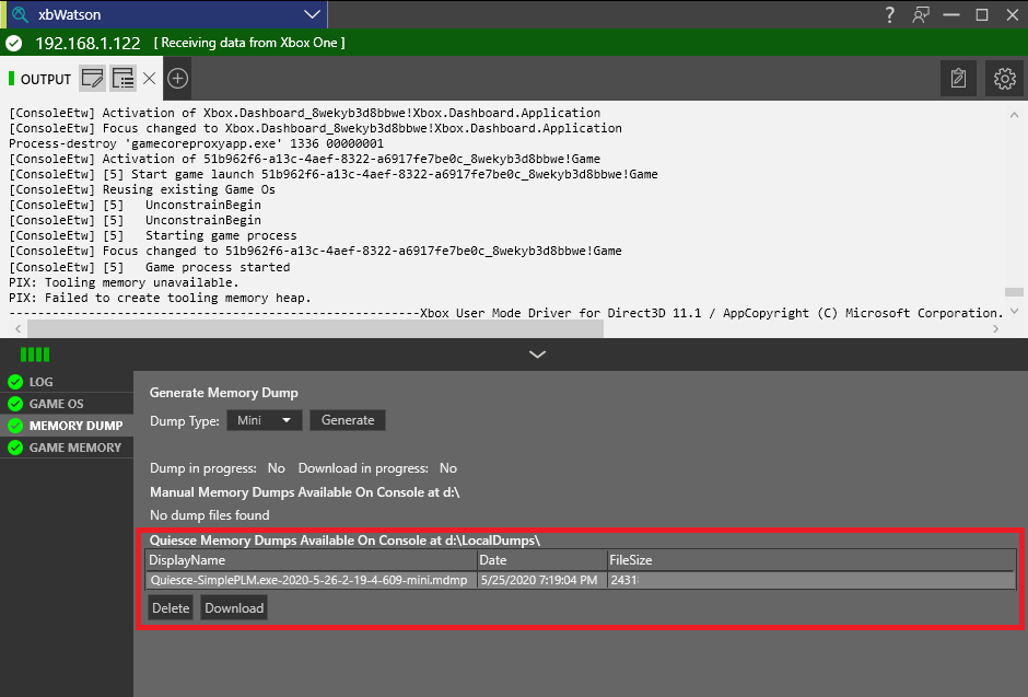 Capture d'écran qui montre les vidages de mémoire de mise au repos disponibles sur la console