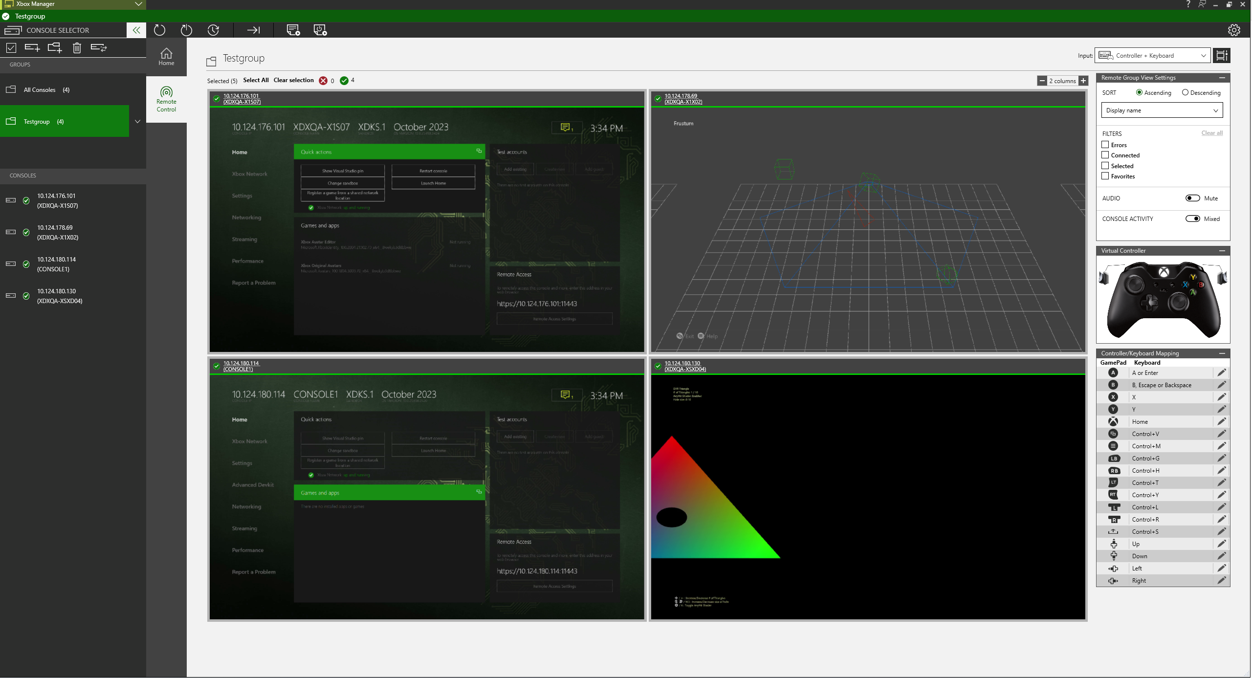 Captura de pantalla de un grupo de consolas en la pestaña Remote Control de XBOX Manager