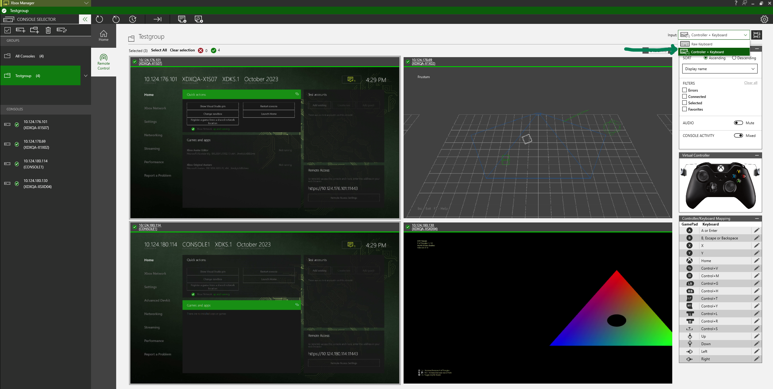 Captura de pantalla de la opción Controller + Keyboard seleccionada en el menú Input de XBOX Manager