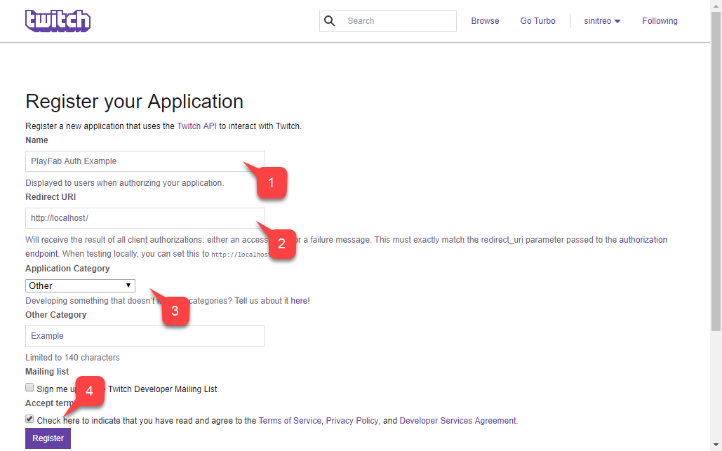 Twitch: registrar la aplicación