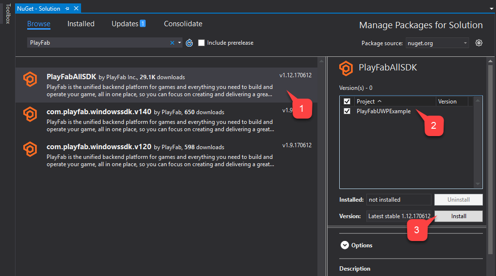 Visual Studio 安裝 PlayFab SDK