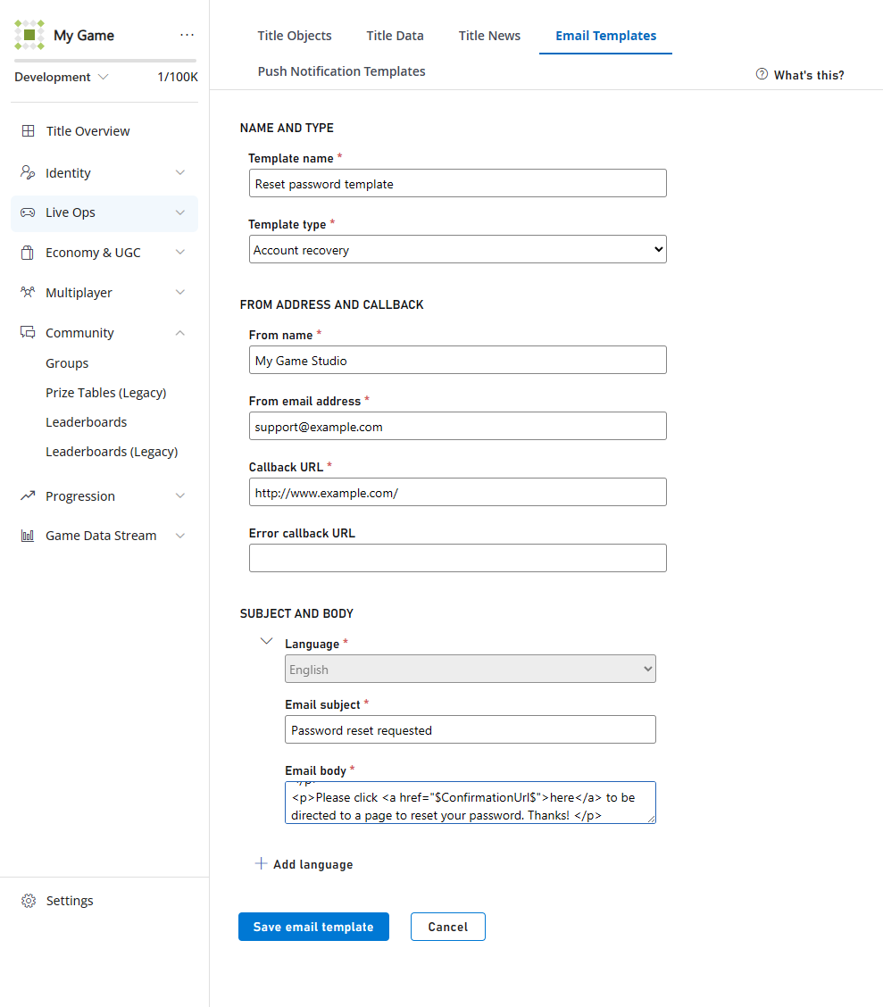 Edit Email Template - Subject and Body - Default Language
