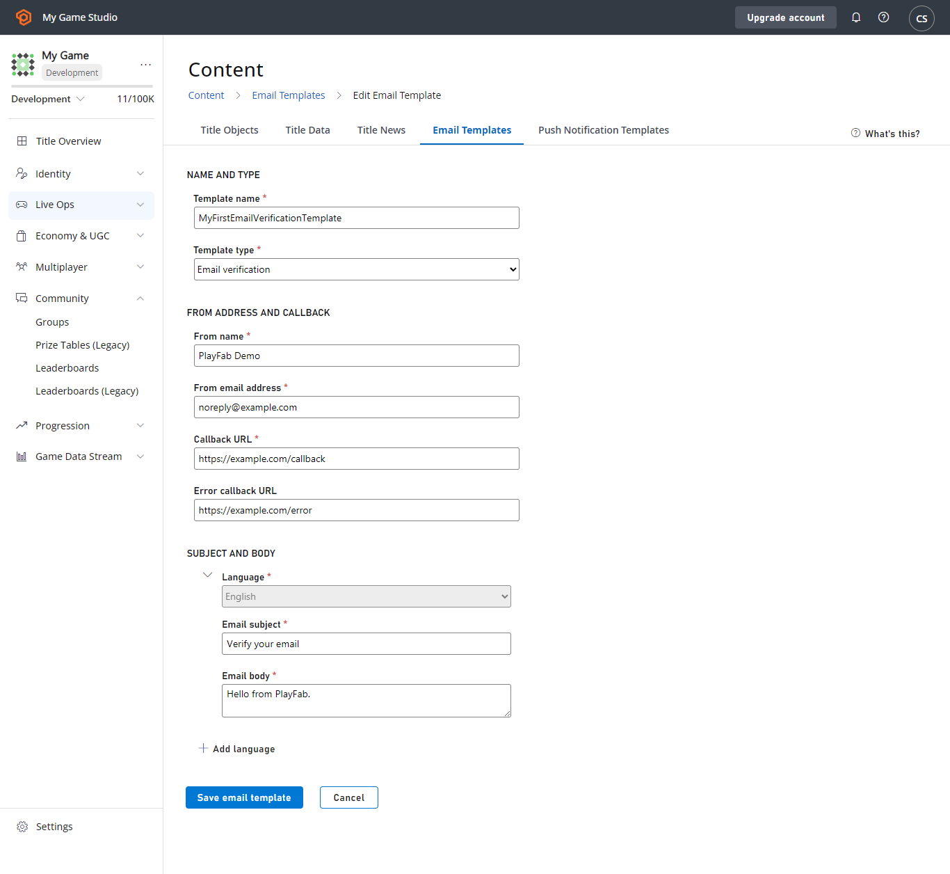 Game Manager - Content - Email Templates - Edit Email Template