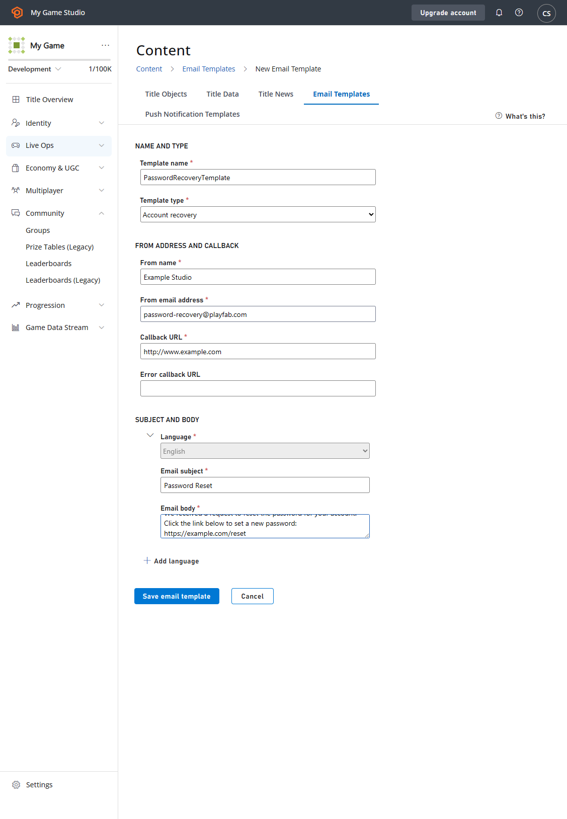 Game Manager - Content - Email Templates - 新電子郵件範本