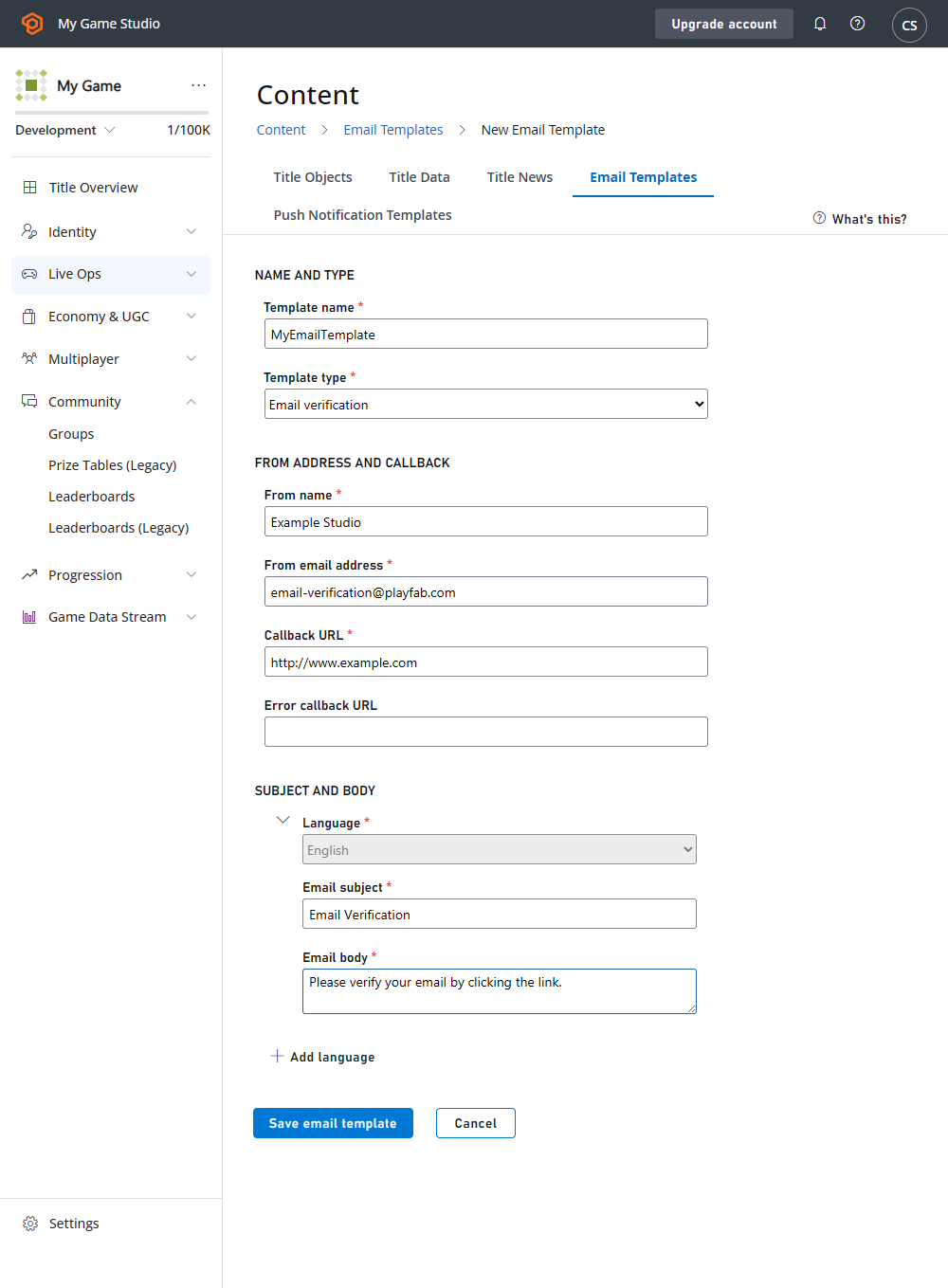 Game Manager : contenu, modèles d'e-mail, nouveau modèle d'e-mail