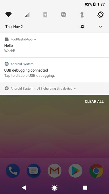 Application Android : réception d'une notification push PlayFab