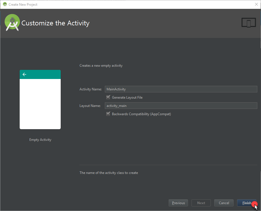 Android Studio - Nuevo proyecto - Finalizar