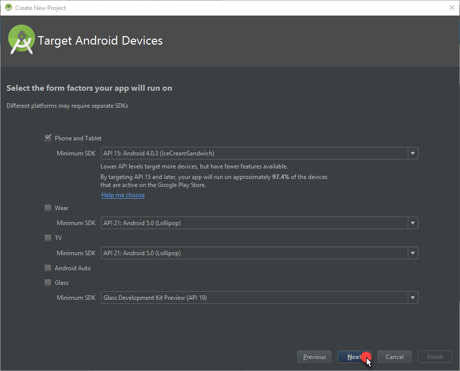 Android Studio - Nuevo proyecto - Seleccionar SDK mínimo