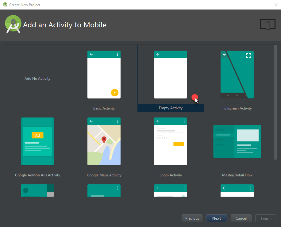 Android Studio - Nuevo proyecto - Seleccionar plantilla