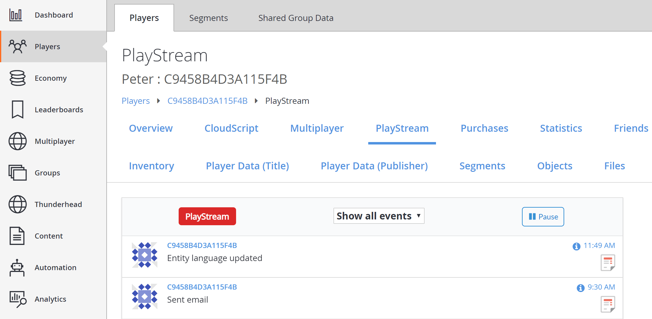 Game Manager - Jugadores - PlayStream - Evento Entity Language Updated