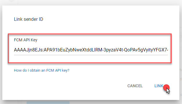 Google Play - Vincular un identificador de remitente - Agregar clave de API de FCM