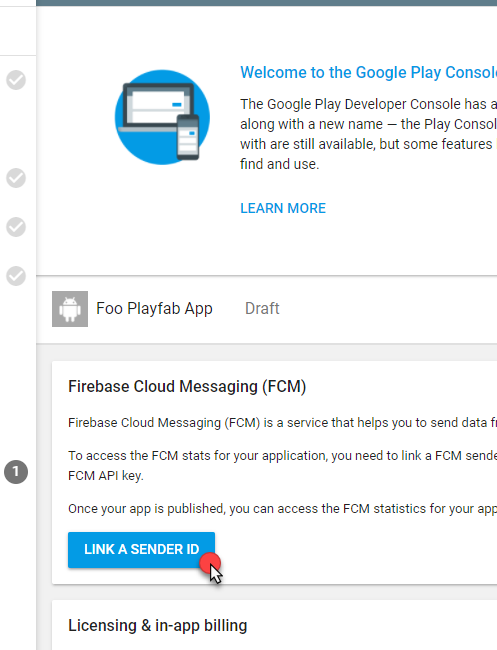 Google Play - Panel de FCM - Vincular un identificador de remitente