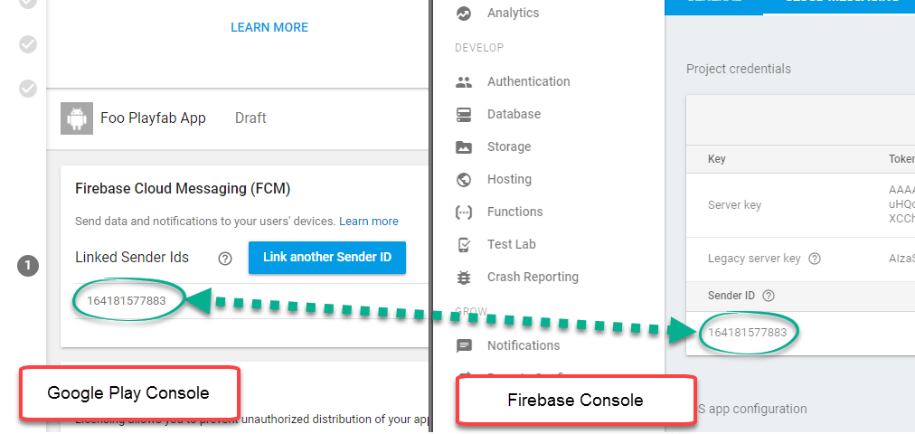 Console Google Play et console Firebase : correspondance du Sender ID