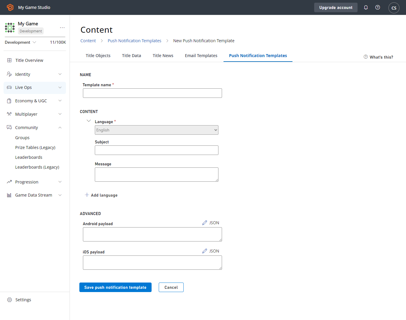 Game Manager - Contenido - Nueva plantilla de notificación push - Agregar idioma