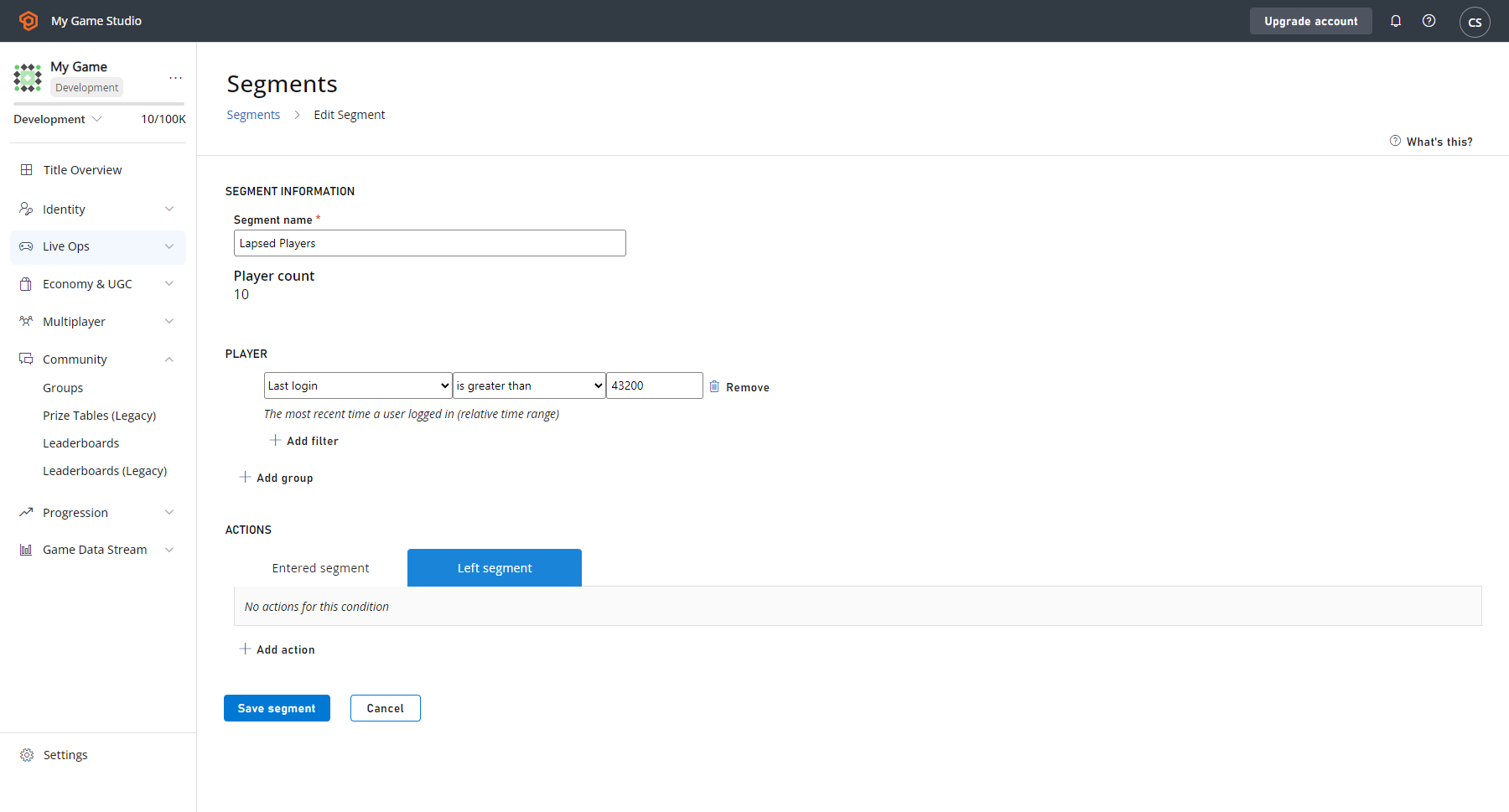 Game Manager - Jugadores - Segmento - Configurar acción
