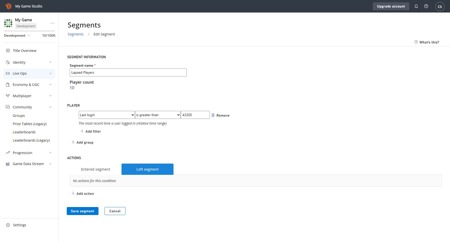 Game Manager - Players - Segment - Configure Action