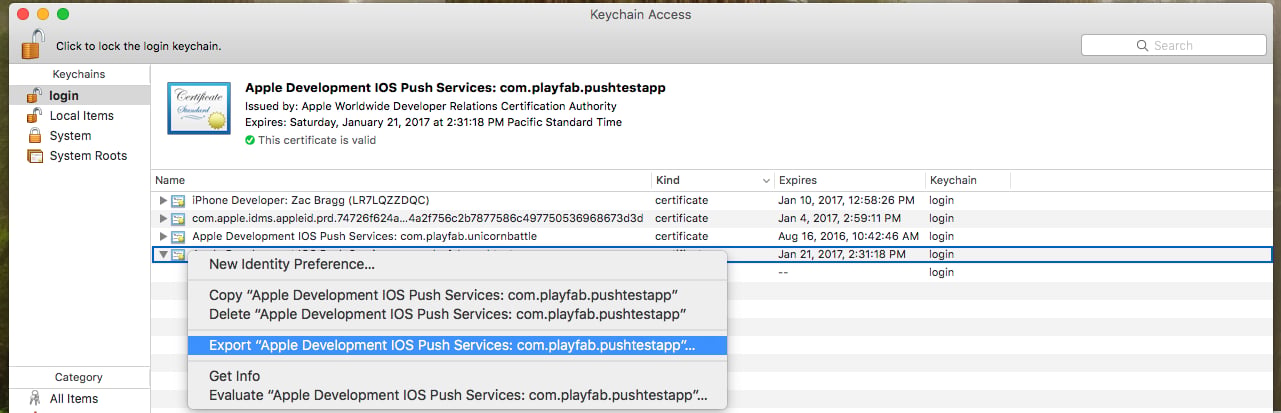 Exportación del certificado de Keychain Access de Apple