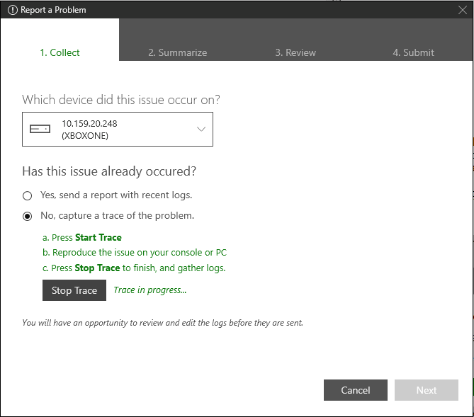 Screenshot of a trace from the Collect tab of Report a Problem in XBOX Manager