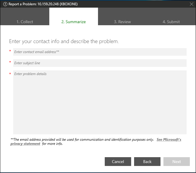 Screenshot of the Summarize tab of Report a Problem in XBOX Manager
