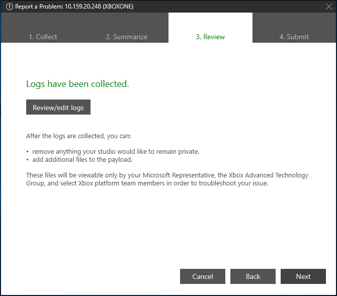 Screenshot of the Review tab of Report a Problem in XBOX Manager