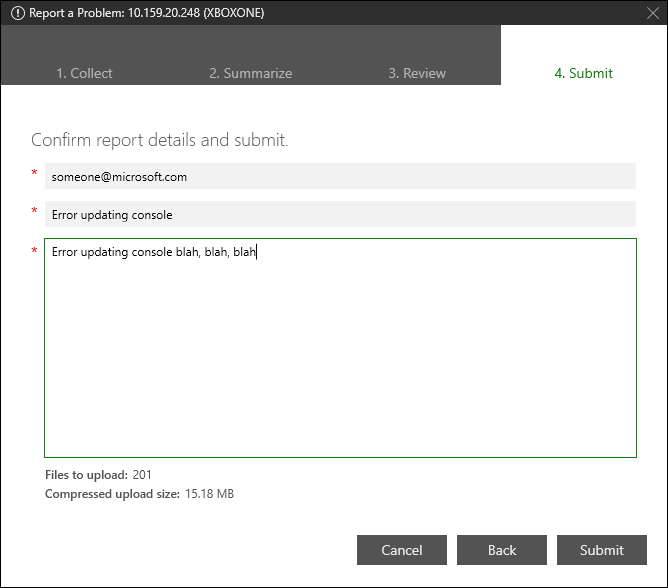 Screenshot of the Summarize tab of Report a Problem