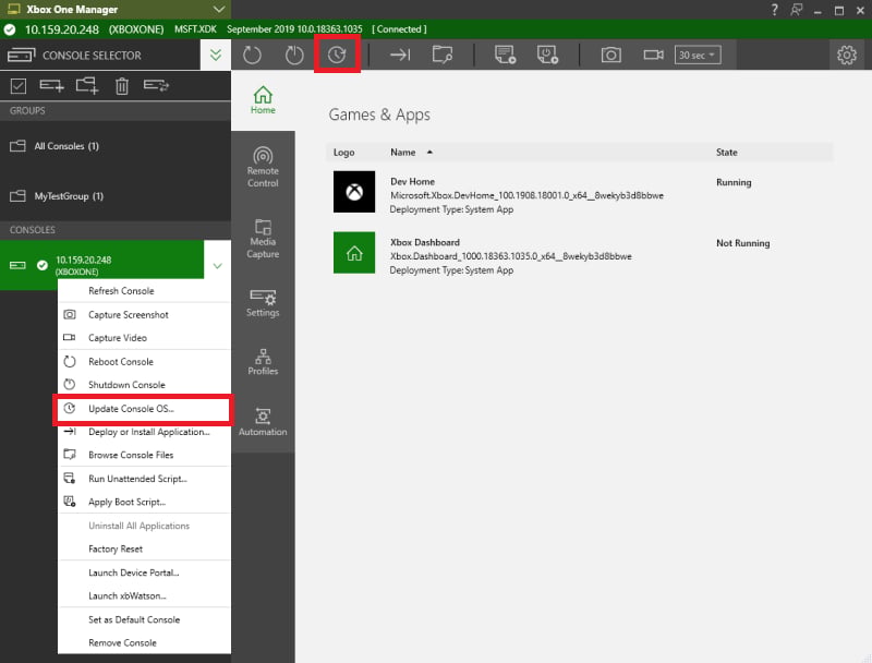 XBOX Manager 中更新选项的截图