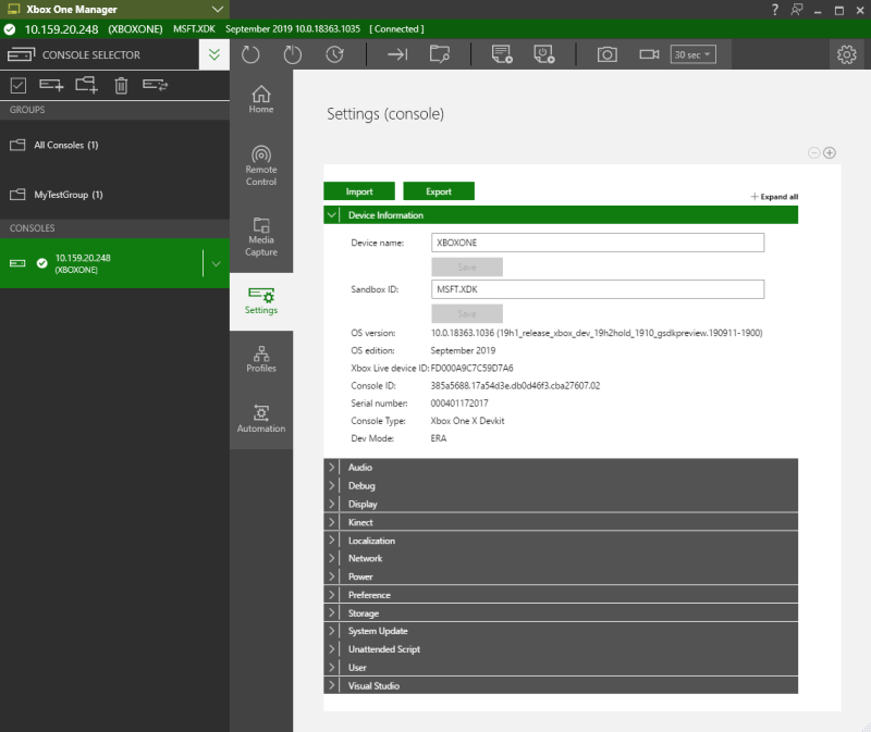 Screenshot of XBOX Device Portal with the Settings tab enabled
