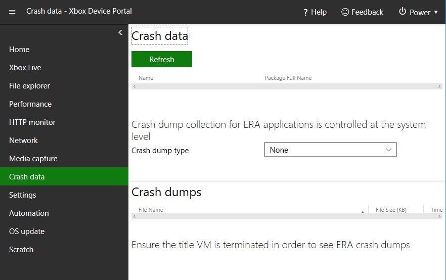 XBOX Device Portal의 Crash data 페이지 스크린샷