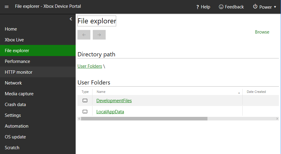 Captura de pantalla de la página File explorer en XBOX Device Portal