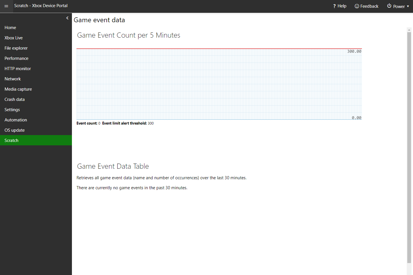 XBOX Device Portal의 Game event data 페이지 스크린샷