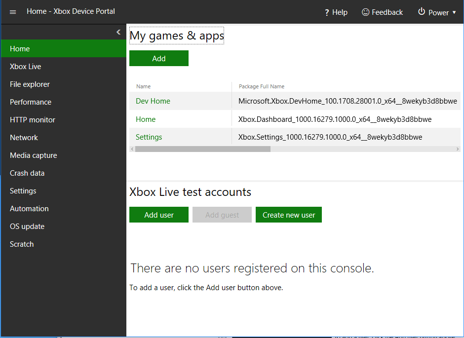 Captura de pantalla de la página Home en XBOX Device Portal