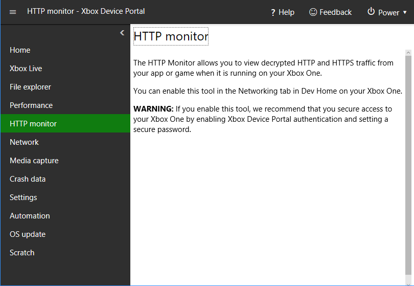 Captura de pantalla de la página HTTP monitor en XBOX Device Portal