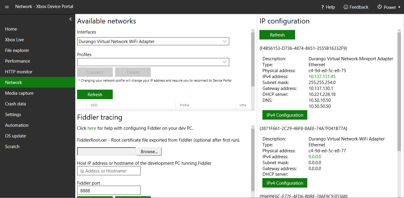 XBOX Device Portal의 Network 페이지 스크린샷