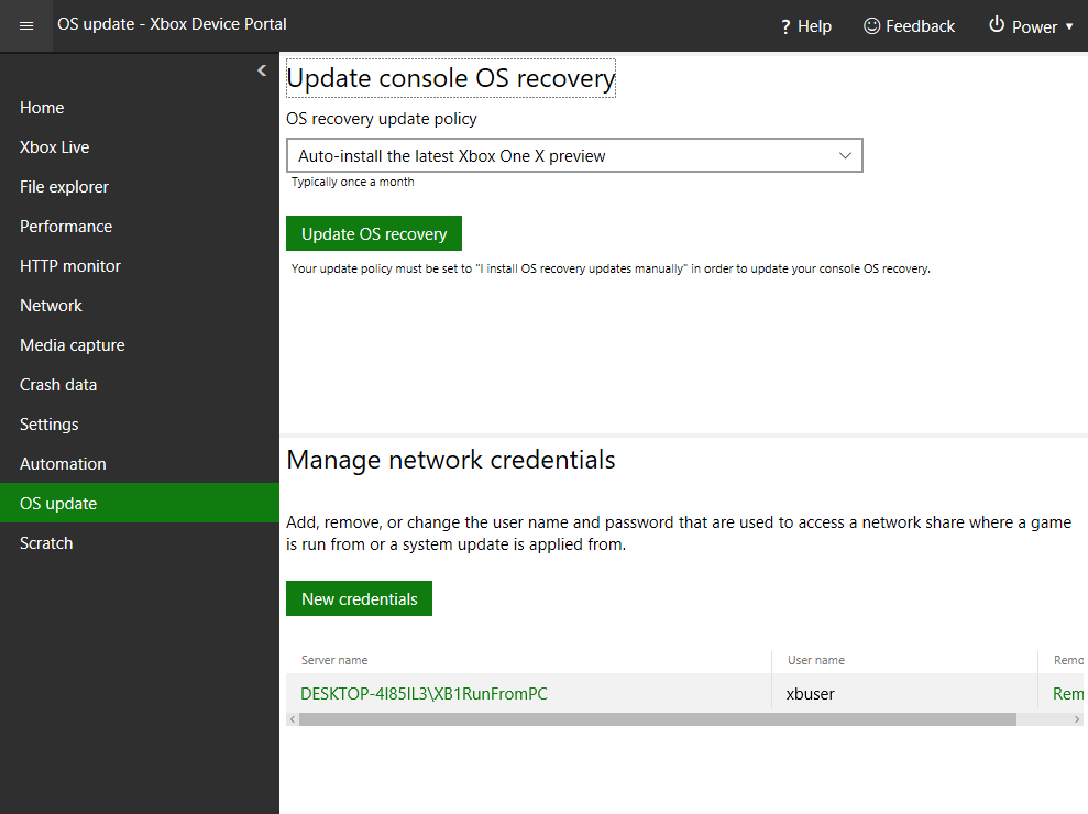 XBOX Device Portal 中 OS update 页面的截图