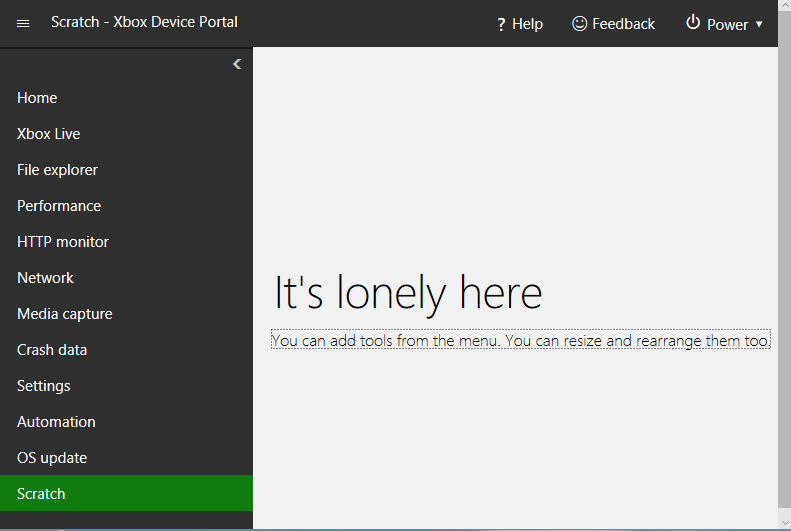 XBOX Device Portal에서 도구가 없는 Scratch 페이지 스크린샷