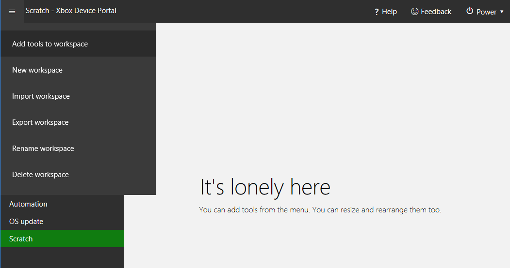 Captura de pantalla del menú Add tools to workspace en XBOX Device Portal