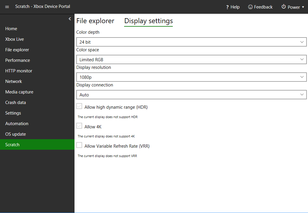 XBOX Device Portal 中已添加工具的 Scratch 页面截图