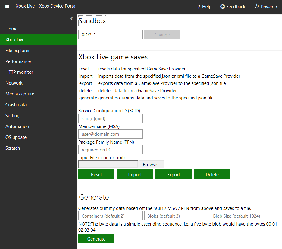 XBOX Device Portal의 XBOX Live 페이지 스크린샷