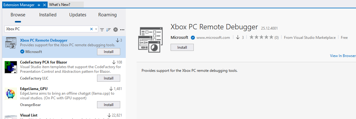 The XBOX PC Remote Debugger Extension in the Visual Studio Marketplace