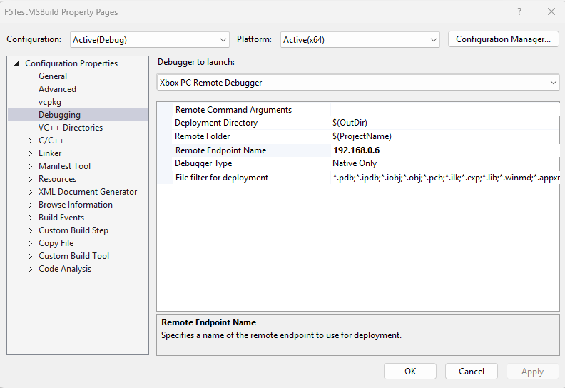 The XBOX PC Remote Debugger Properties