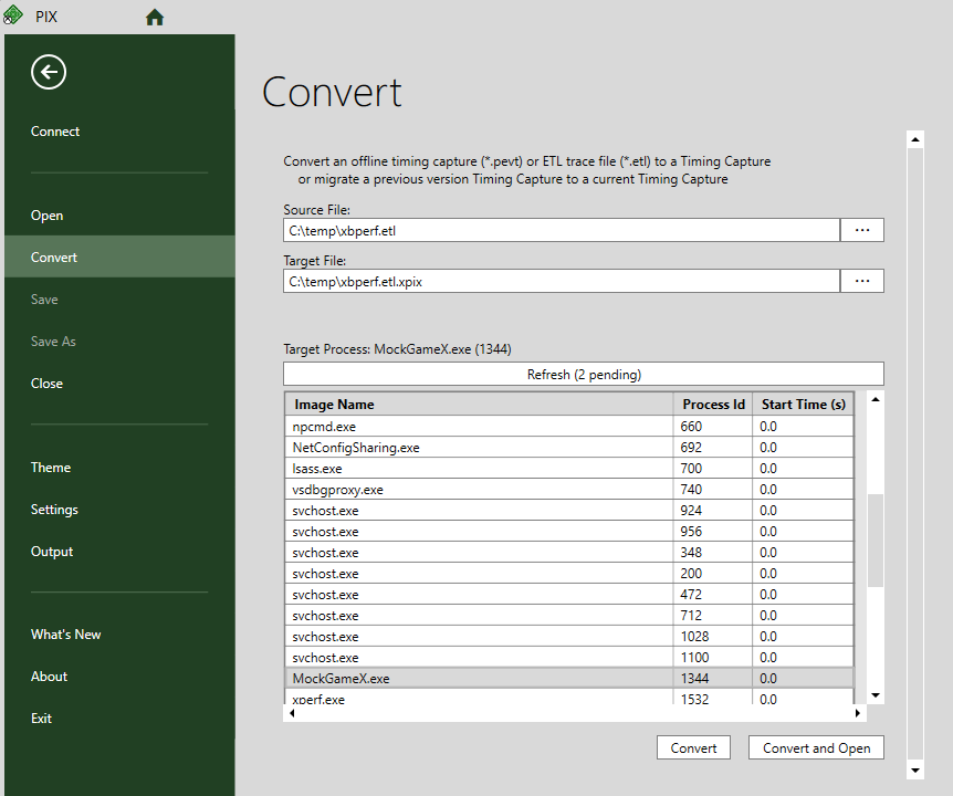 Capture d'écran de la conversion d'un fichier etl en Timing Capture de PIX