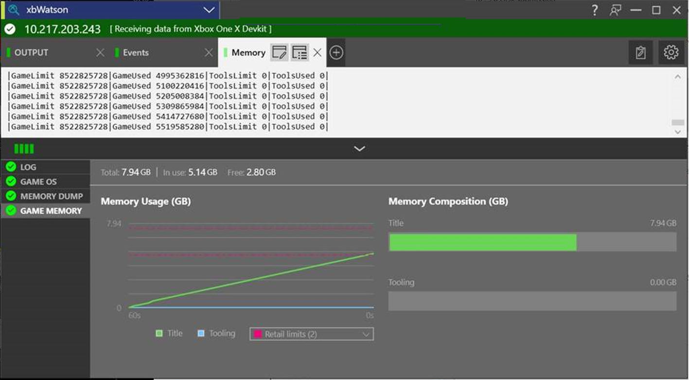 The Game Memory dashboard in xbWatson