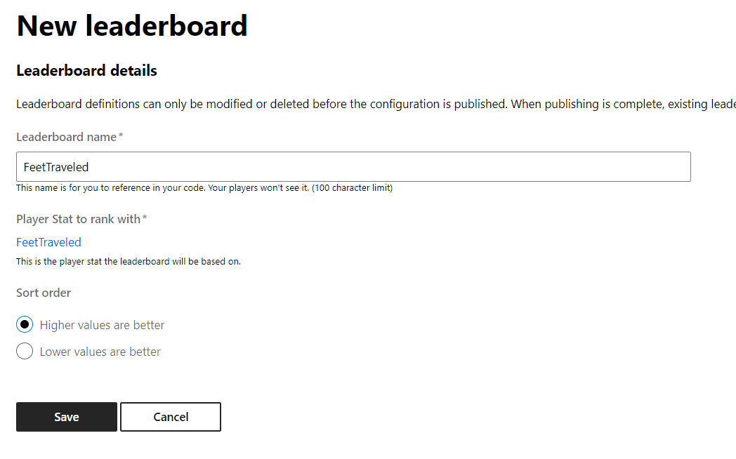 Screenshot of the form used to create a leaderboard in Partner Center
