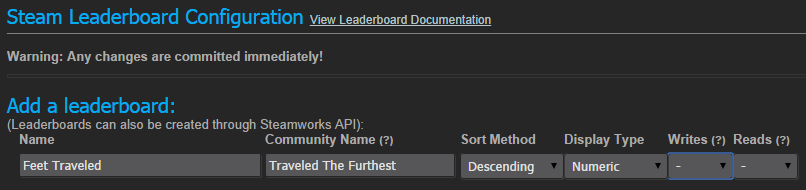 Captura de pantalla del formulario usado para crear una tabla de clasificación en el portal de administración de Steamworks