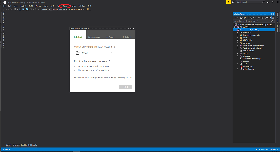 XBOX Report-a-Problem in Visual Studio