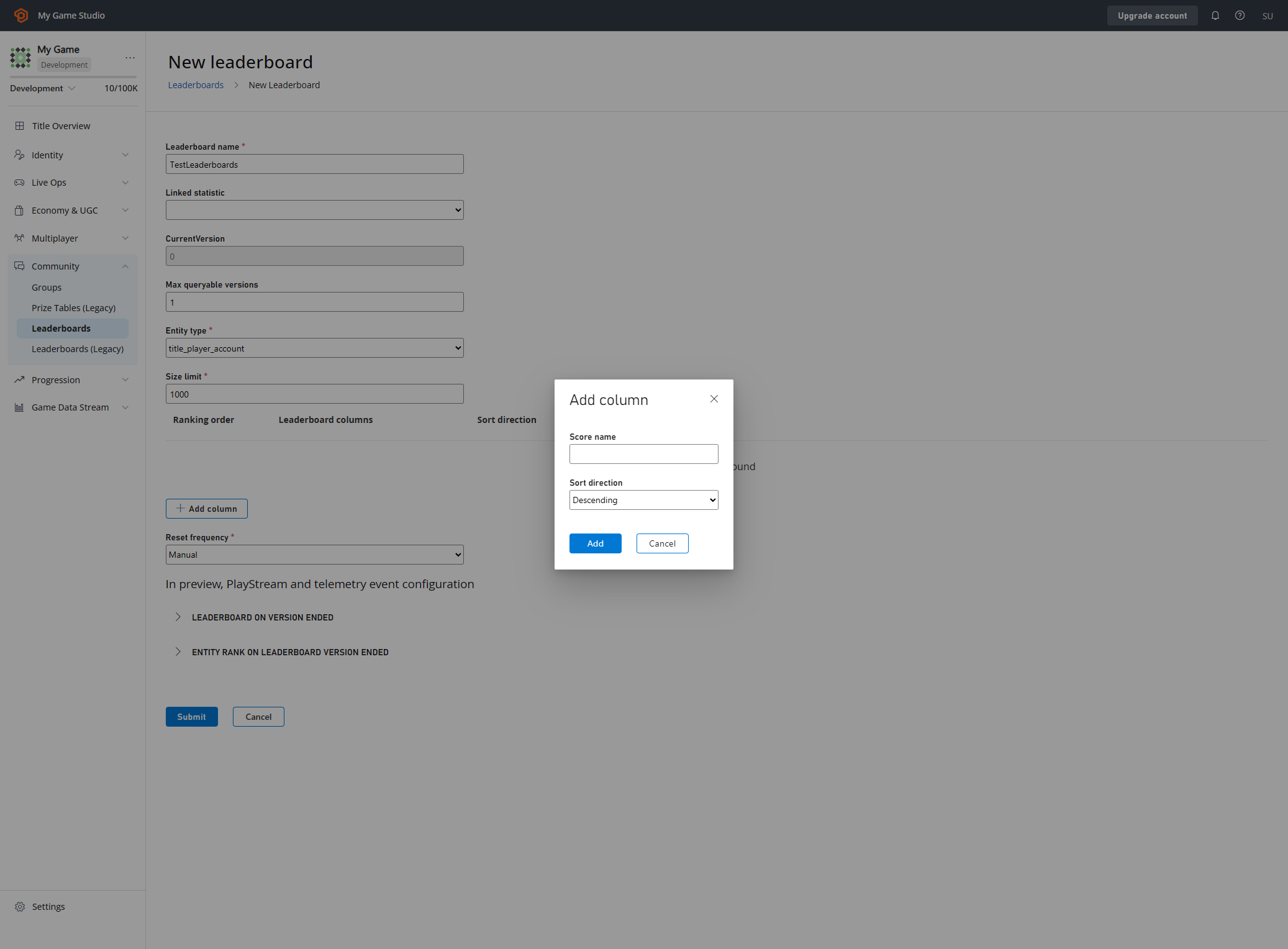 PlayFab Leaderboards Definition