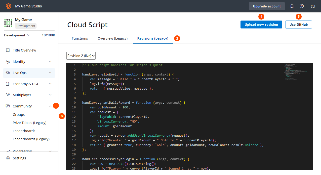 Game Manager - Automation - CloudScript - upload CloudScript