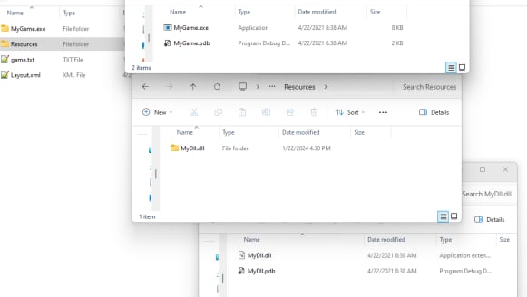 Vues de l'Explorateur de fichiers Windows montrant l'ensemble de symboles, où chaque fichier binaire se trouve à côté du fichier PDB correspondant dans un dossier portant le nom du fichier binaire.
