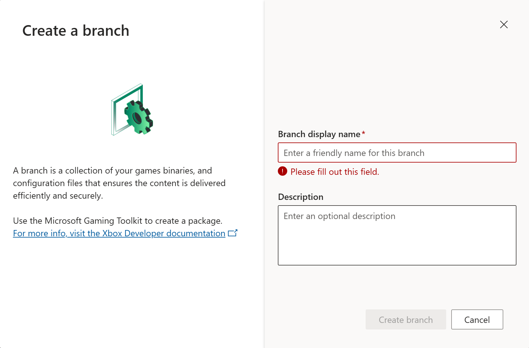 ブランチの表示名と説明フィールドを示す Create a branch UI
