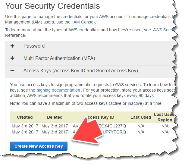 Amazon S3 - Security Credentials - Create Access Key 열기